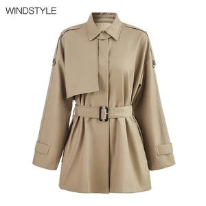 Women's Fashion Asymmetrical Lace-up Top Short Trench Coat Zipper Closure Button Decoration Formal Casual for Autumn XS XL