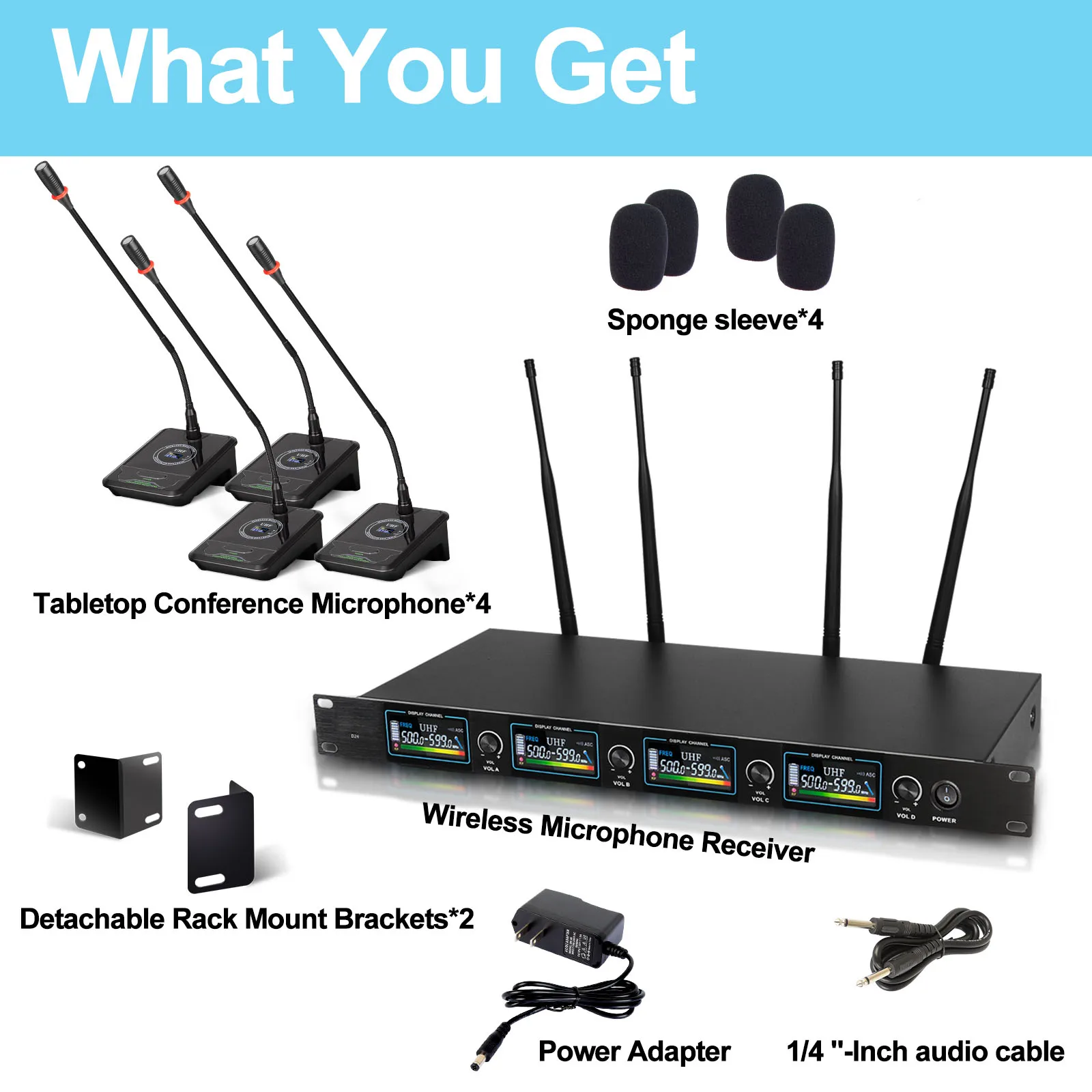 D24 Wireless Gooseneck Microphone System 4-Channel Table Mic for Conference Press Meeting Room Cardioid Polar Pattern Made Metal