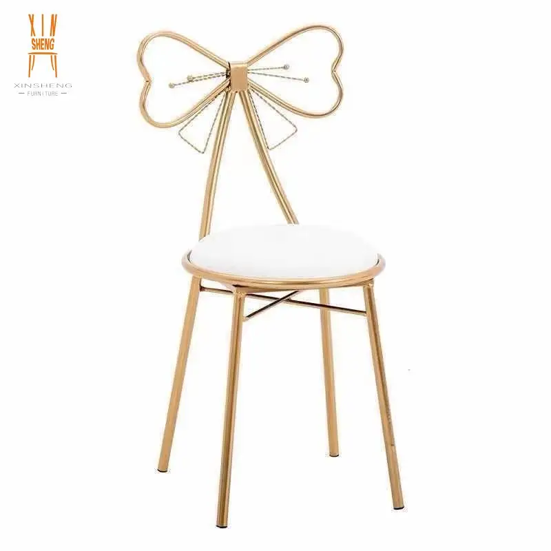 Party Pink Velvet Gold Metal Bow Shape Back Kid Chairs
