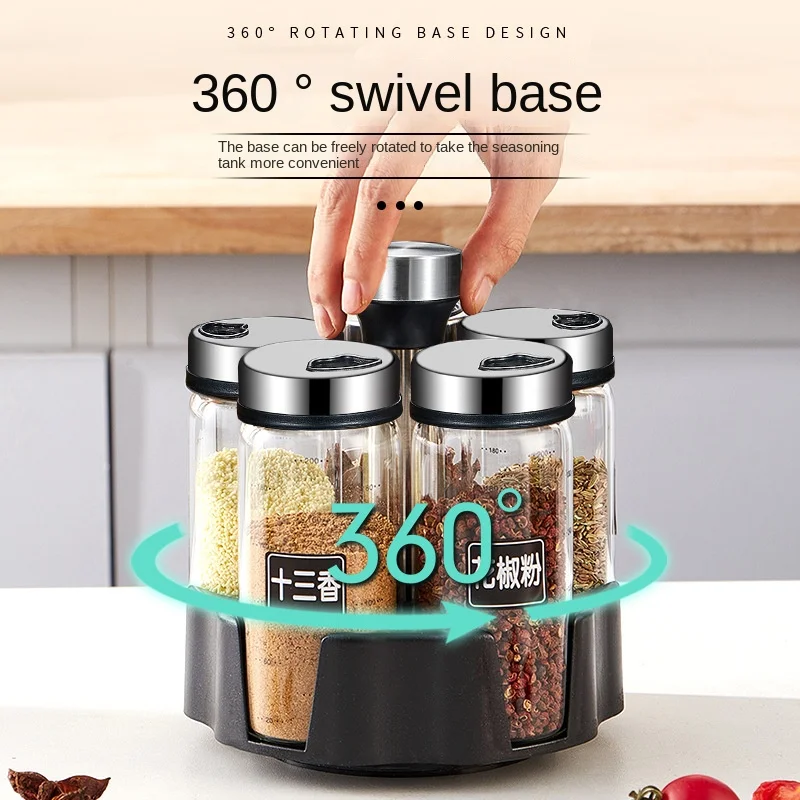 Rotating Household Kitchen Glass Seasoning Jar Set Spice Bottle with Shaker Lid for Pepper and Spice Storage