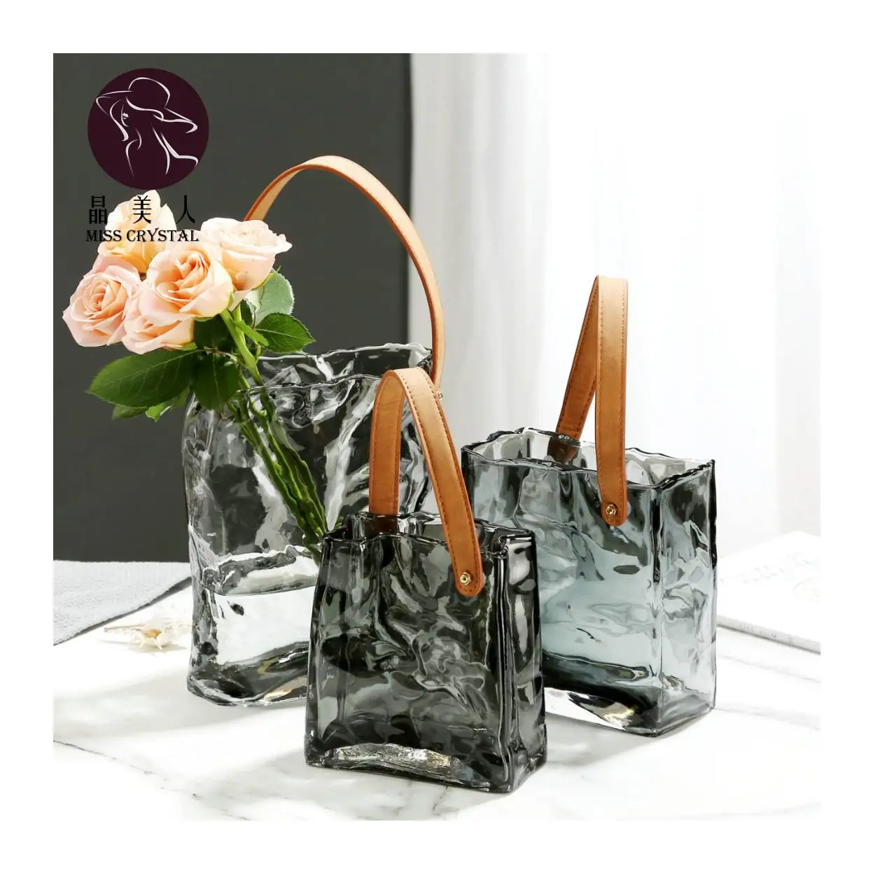 Low Price Simple Design Decor Crystal Glass Purse Vase Hydroponic Handbag Flower Vase for Women