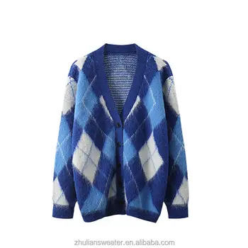 Spring Fashion Custom Jacquard Knit Cardigan Plaid Pattern Ladies Knitted Sweater