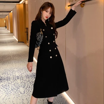 ZYHT Hot Sale 2022 French Autumn Winter Fashion Atmosphere Double-breasted Suit Trench Coats Black Women's Elegant Long Coat