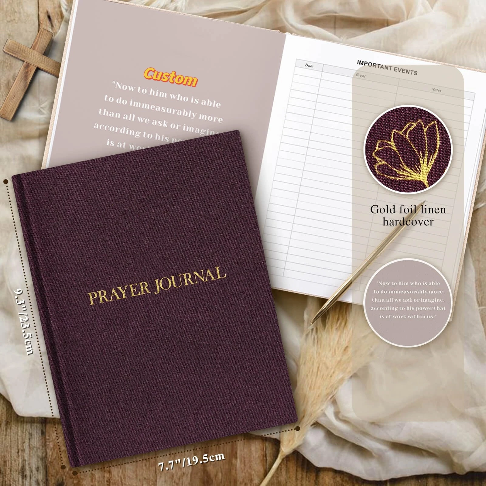 OEM Custom Golden Foiled Eco Friendly Notebook With Linen Hard Cover Bible Planners 2025 for Women Christian Prayer Journal