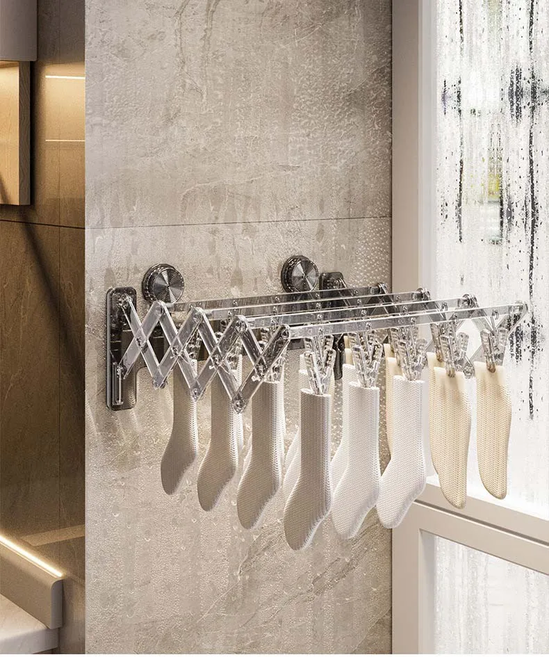 Household Drying Rack with Suction Cup Non-Punch Balcony Folding Hanger Storage Rack for Clothes & Socks Wall Use