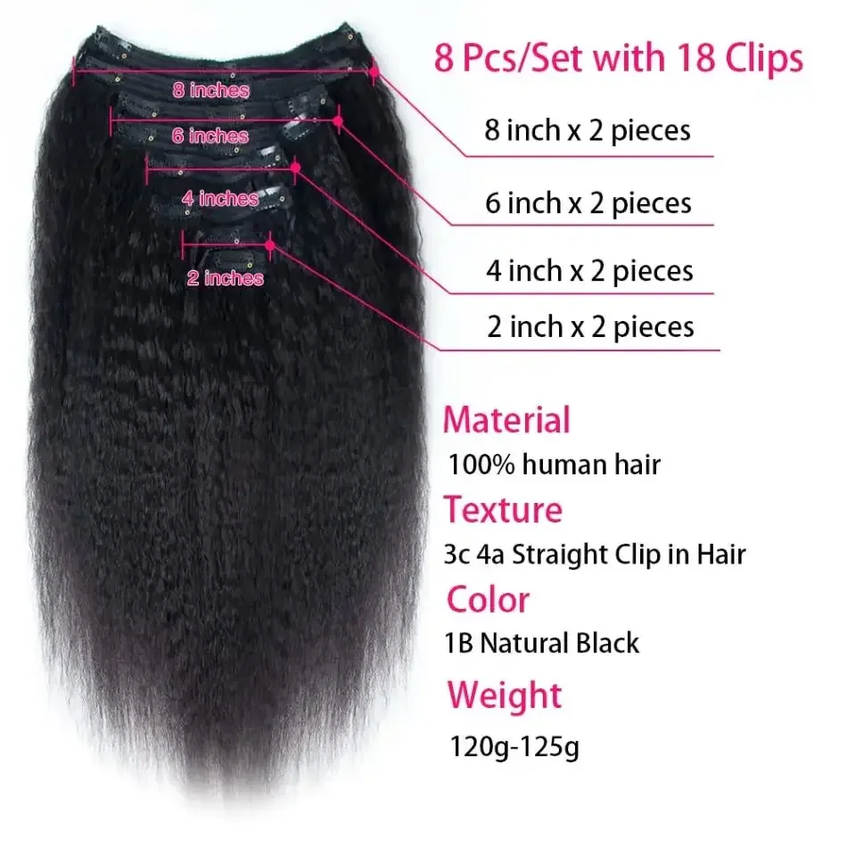 Extension per capelli umani con clip, lisci e crespi, neri, testa piena, 120 g, 8 pezzi, 18 clip, 10-26 pollici, colore 1B_voghion.com
