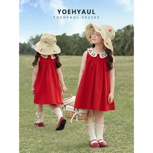 YOEHYAUL X4661 Kids New Dress for Kids Sleeveless Cherry Baby Girl Dress in Red Color 100% Cotton Summer Girls Dresses