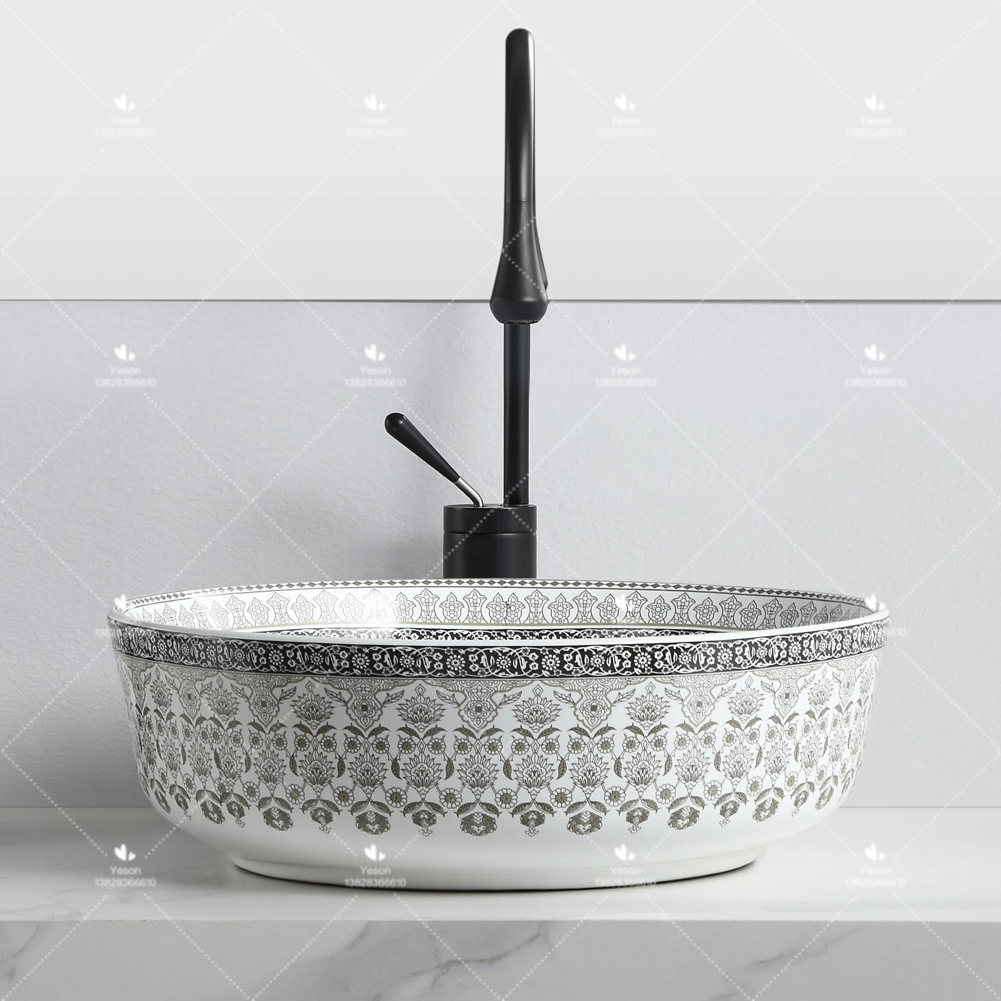 Luxury Design Round Gray Flower Pattern Porcelain Handmade Wash Basin Bathroom Ceramic Countertop Art Sink for Hotel
