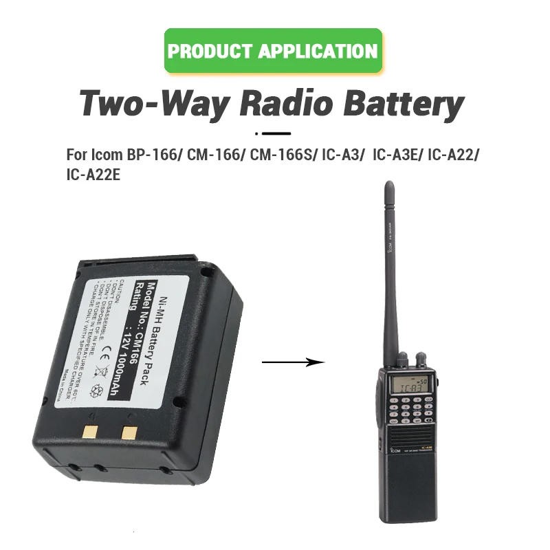 Batterie 1000mAh 12V Ni-MH Compatible Icom IC-A22, A22E, A3, A3E - Remplace BP-166, CM-166