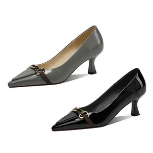 Moncheer Women's Summer Glossy Leather Pointed Toe Pumps Kitten Heel & Metal Buckle Formal Shoes in Black Grey