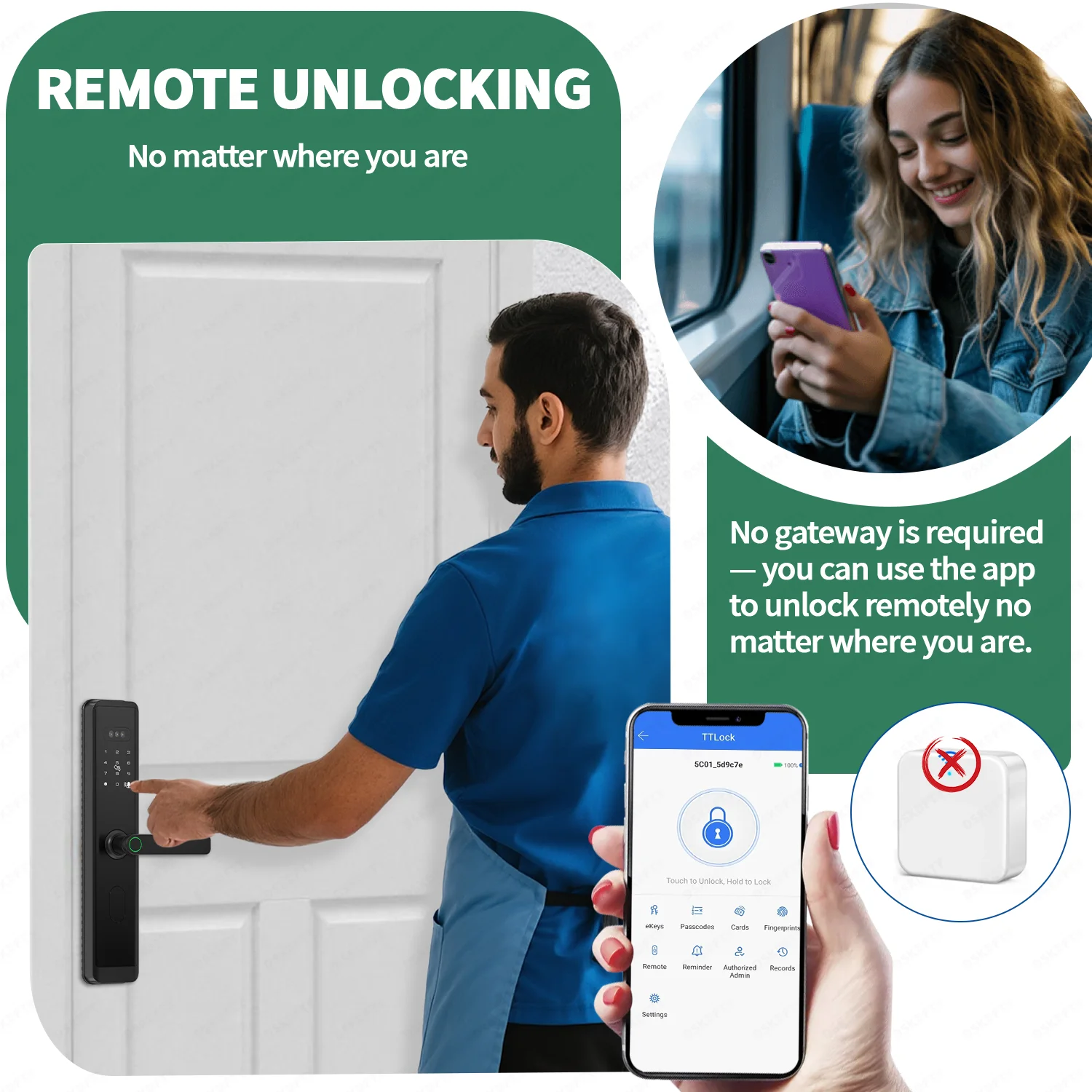 TTlock APP Remote Control Elegant Black Wooden Door Lock with Fingerprint Touch WiFi Network & Cloud Data Storage Options