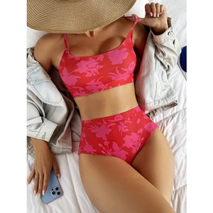 U Neck Print Backless High Waist Plus Size Swimsuit Women Swimwear Bikinis