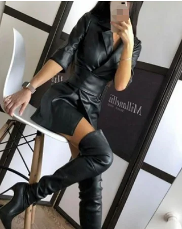 Autumn and Winter New Style Solid Color Pu Leather Suit Turn-down Collar Ladies  Dress Leather with Belt| Alibaba.com