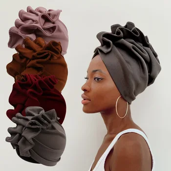 SongMay New Plain Color Muislim Women Turban Hat Wave Shape African Head Wrap Hair Accessories Bonnet Undercap