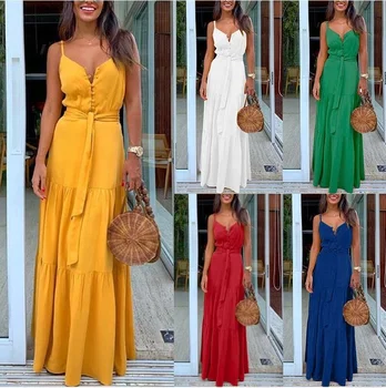Summer new women's halters fashion temperament V-neck mid-length chiffon loose solid color dress