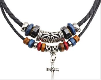 Wholesale Double Layer Religious Catholic Faith Jewelry Cross Necklace Men Beaded Leather Cord Braided Necklace