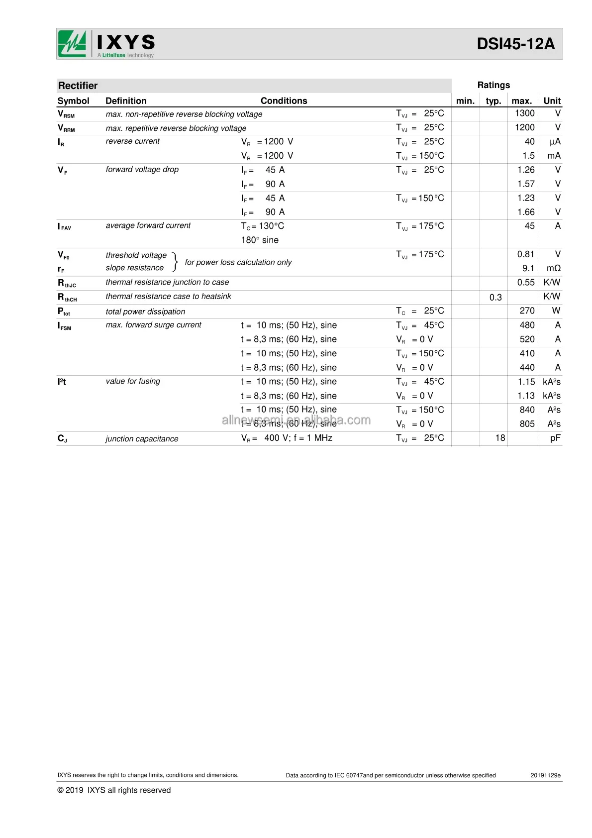 Hot sale Original DSI45-12A Rectifier Single Diodes GEN PURP 1.2KV 45A TO247AD Diode 1200 V Through Hole TO-247AD