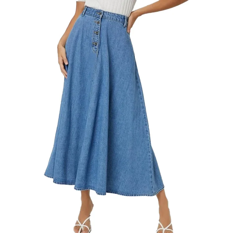 Casual Button Long Denim Skirt 