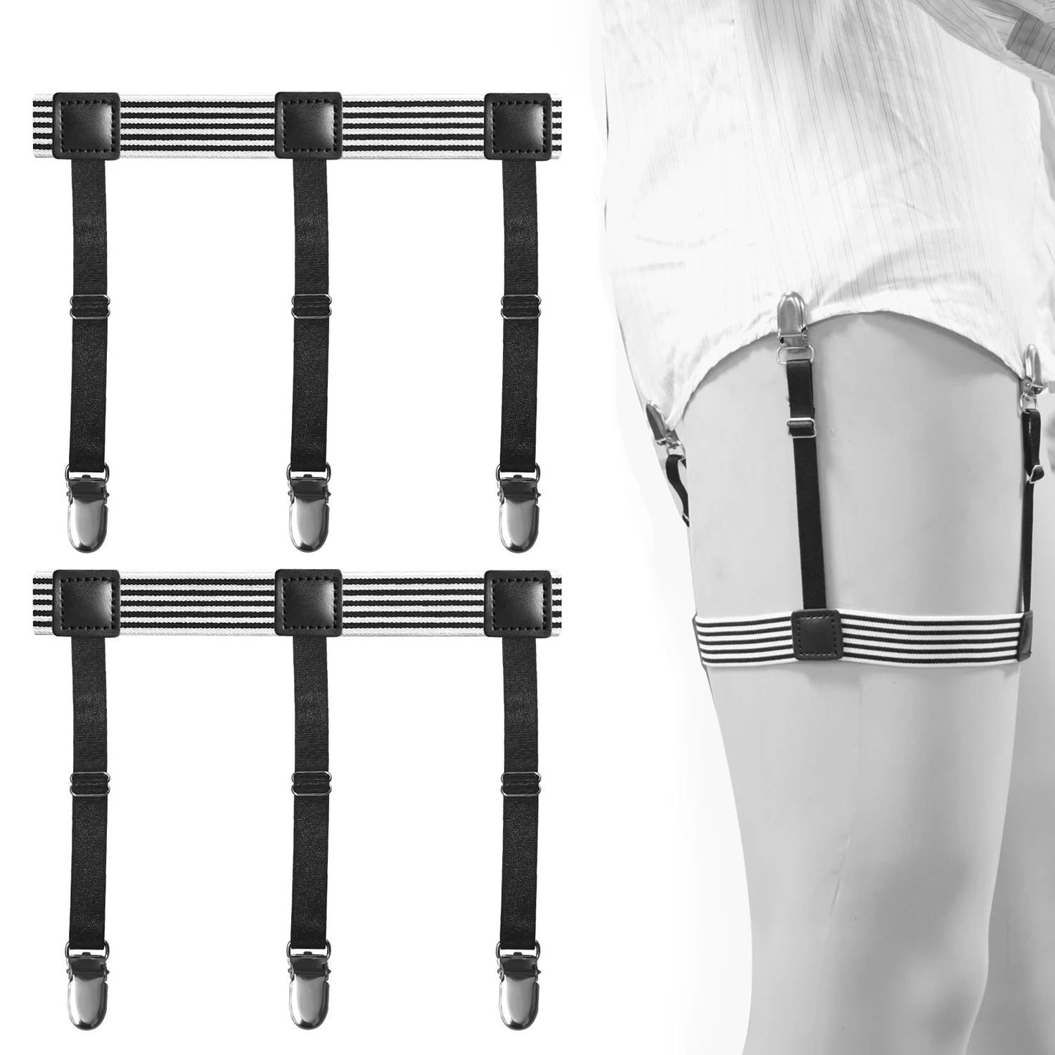 High Quality Non-slip Duckbill Clip Black and White Strip Garter Belt  Elastic Men's Shirt Stays Garter Suspenders for Men| Alibaba.com