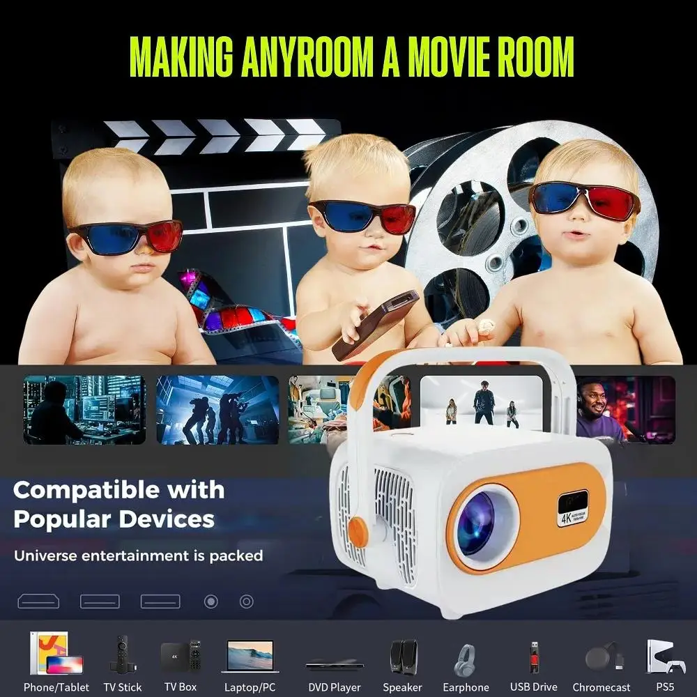 Projetor JY325 Mini Vídeo Portátil LED Android 13.0 WIFI 6 Espelho