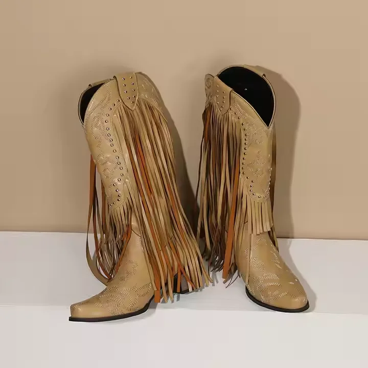 Ladies Cowboy Horse Riding Boots V Month 5cm Block Heel Women Knee High Western Boots With Fringes - Image 5