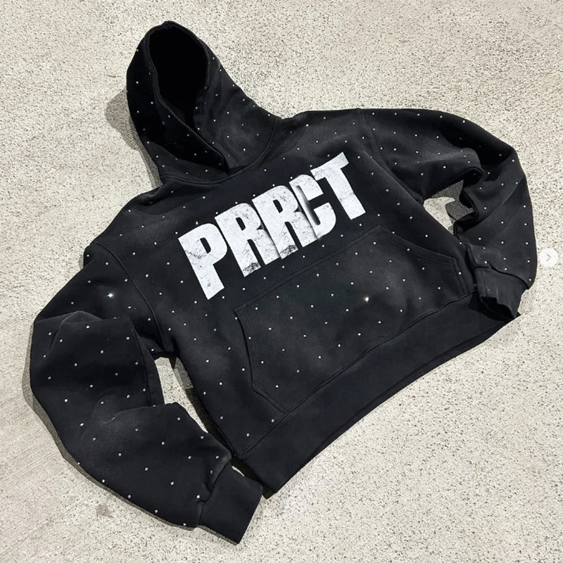 Custom Rhinestone No Strings Screen Print Logo French Terry Oversized Heavy Cotton Acid Washed Men Hoodies Vintage Sweatsuits