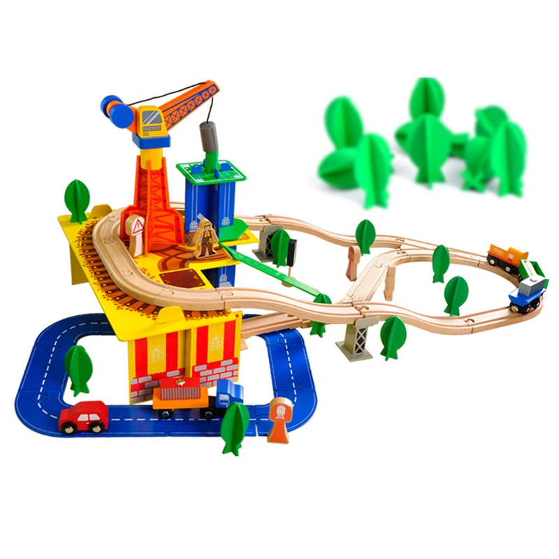 2022 80pcs Wooden Train Set,Crane Train Set,Construction Train Set
