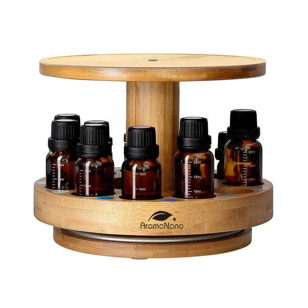 Bamboo Diffuser Holder Carousel 2 Tier Stand Holds up to 12 Essential Oil Bottles Storage Tray