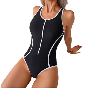 Regular Fit One-Piece Swimsuit Zippers High Cut Bottom Tummy Control Athletic Swimwear Spandex/Nylon Breathable Simple Color