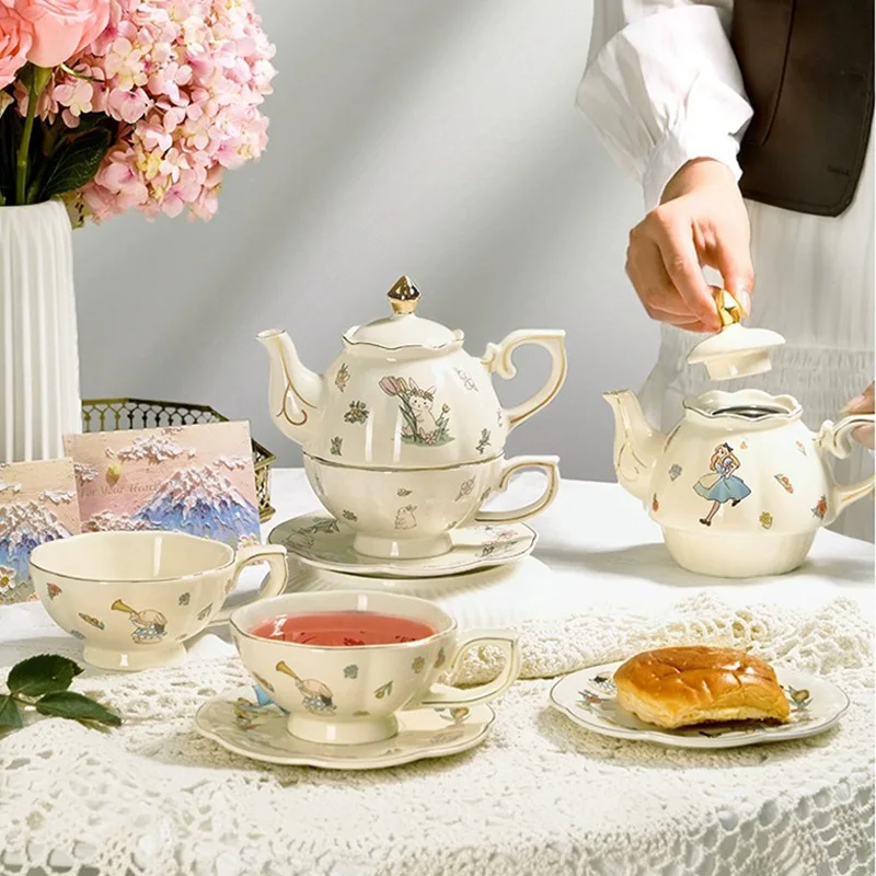 New Tea for One Girl Rabbit Ceramic Coffee Cup and Saucer Set Gold Rims Afternoon Tea Pot With Box