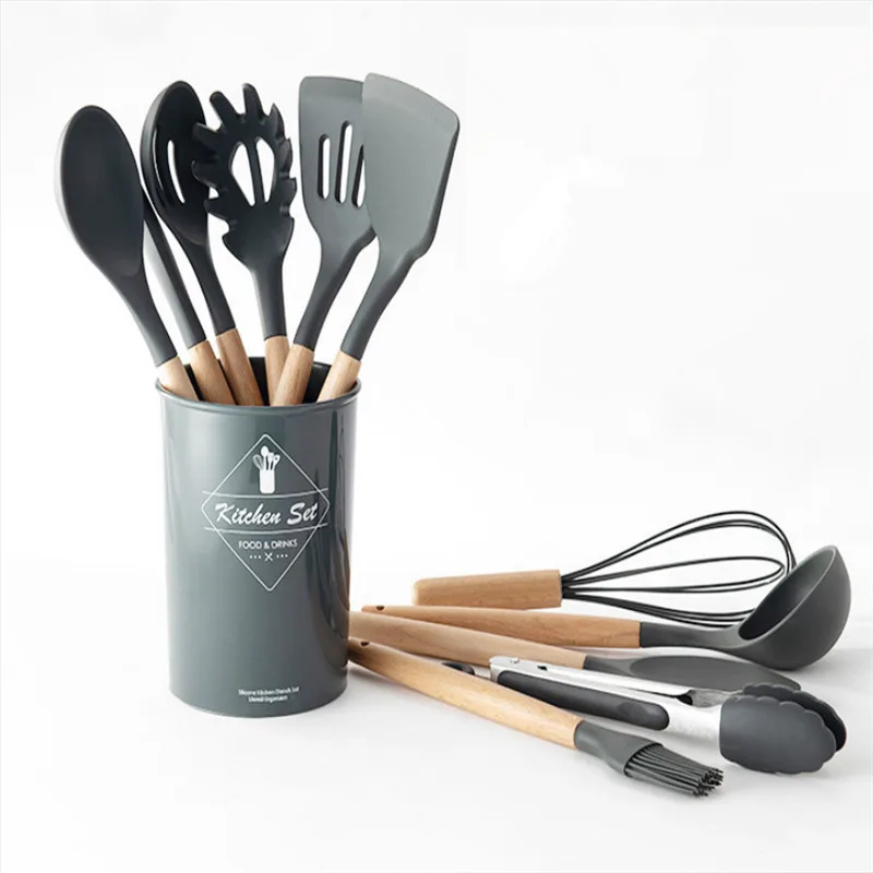 Silicone Cooking Kitchen Utensil Set 12 Pcs Cooking Utensils Set Wooden Handle BPA Free Non Toxic Silicone Turner Tongs