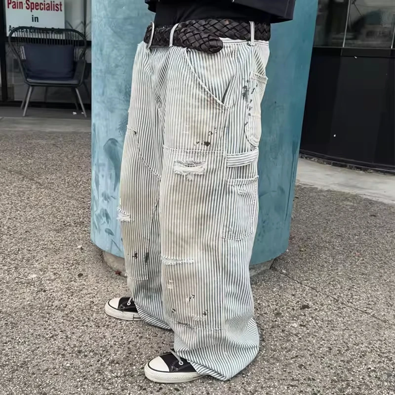 SALATI Custom Distressed Casual Trousers for Men Casual Stripe Baggy Loose Wide Leg Pants