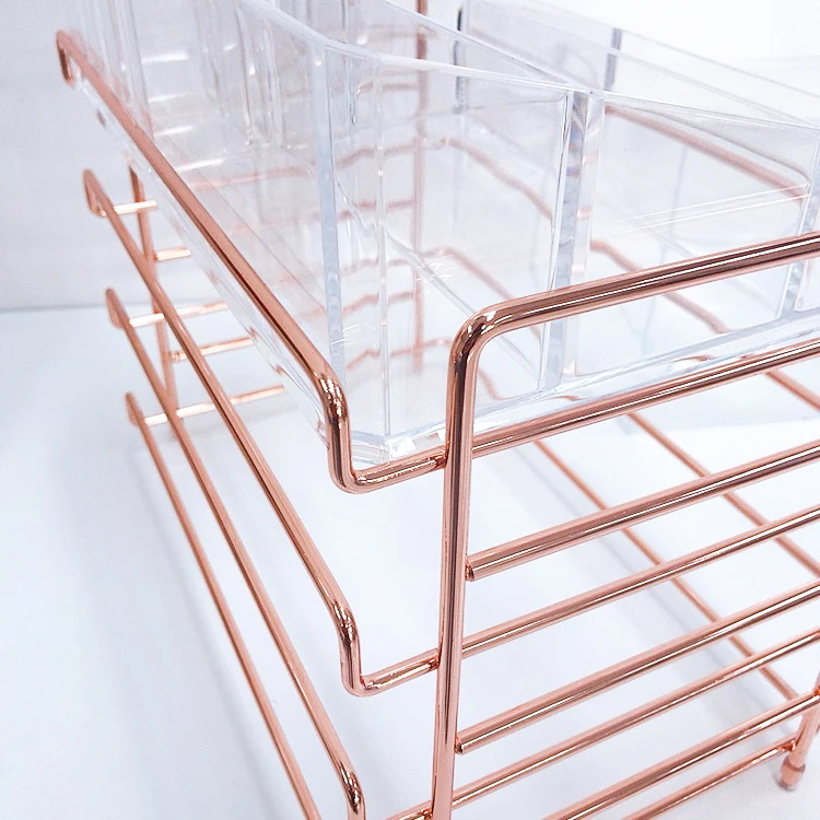 Оптовая продажа, акриловый косметический Органайзер с 3 ящиками и золотой металлической рамкой