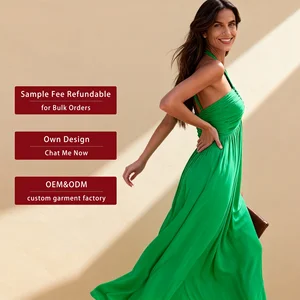 Spring Summer Sexy Sling Dress Solid Color Deep V Neck Halter Neck Sleeveless Long Dress New Women's Clothing