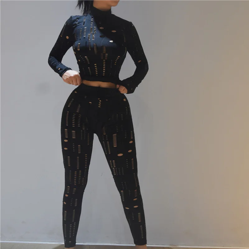 Crop Tops Legging Pants Suits Hole 