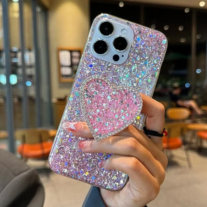 Funda protectora Cute Glitter Shockproof de Laudtec Para Iphone 16 15 14 13 12 11promax Sparkle Love Soporte de anillo Soporte desplegable