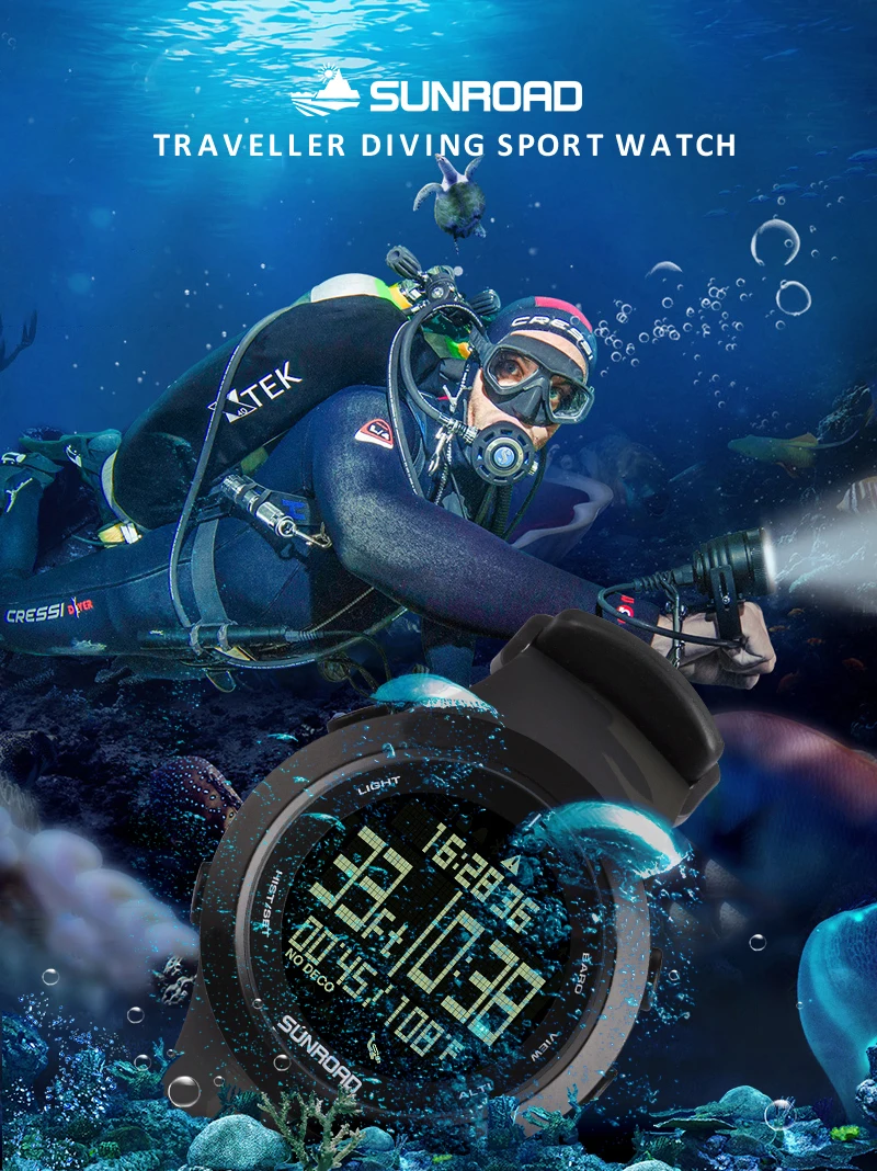 Sunroad Dive Computer Freediving Scuba Watch 50m Depth Warning Compass