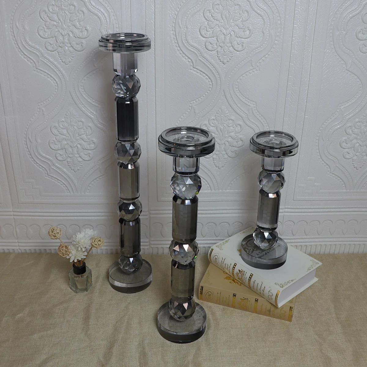 Wholesale tall crystal pillar decor clear gray glass candle holders manufacture