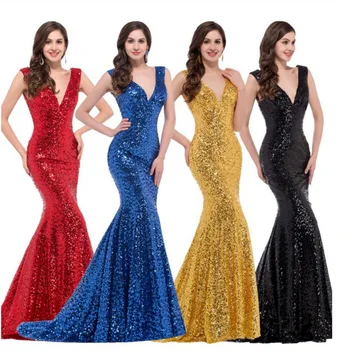 plus size wholesale ladies elegant sequins dinner dress sleeveless red fish tail blue luxury evening long dresses gown