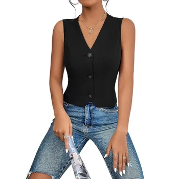 Premium Women's Office Vest Slim Fit Sexy Button Vest Tank Top Solid Black Waistcoat Ladies Jacket Premium Sense Suit