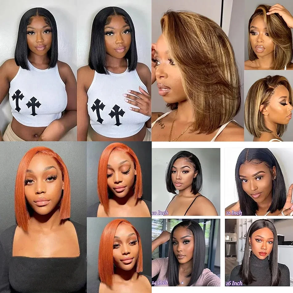180 % glatte Bob-Perücke, brasilianisches Remy-Menschenhaar, 100 % Echthaar, kurze Bob-Perücke für Frauen, Nr. 350, natürliche Farbe, 13 x 4 Frontal-Spitzenperücke_voghion.com