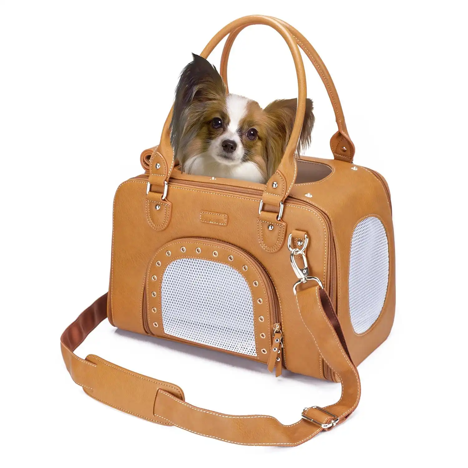 Betop House Fashion Dog Carrier PU Leather Dog Handbag Dog Purse Cat Tote Bag Pet Cat Dog Hiking Bag, Brown, Large