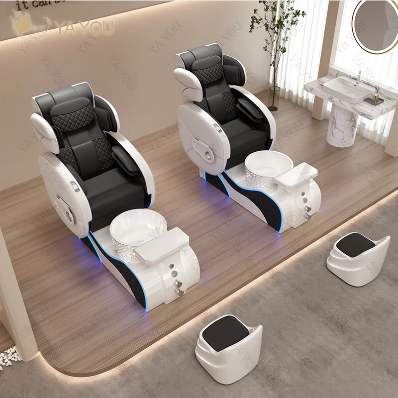 Luxury White Modern Black Leather Pedicure Spa Station Chair With Foot