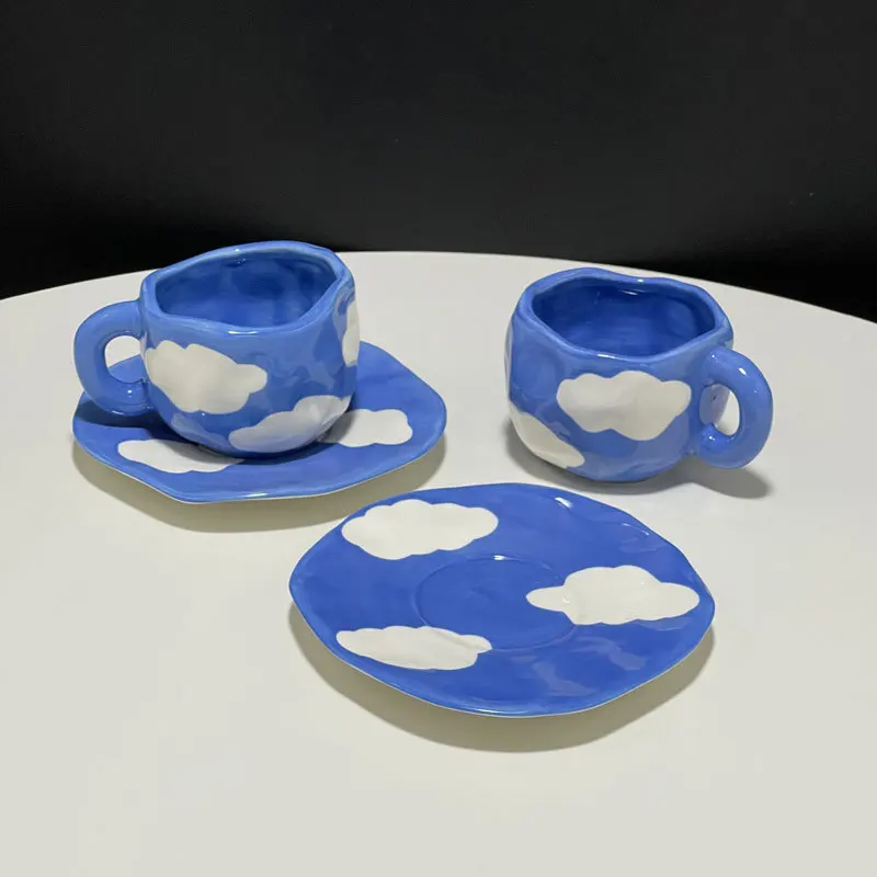 Dreamy Cloud Mug and Saucer - Blue and White Painted Cloud Sky Cup