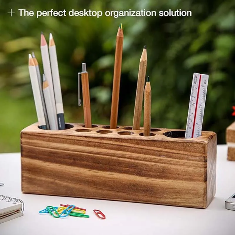 Porte-Crayons En Bois - Présentoir Stylos Bureau - 23x3x2 Cm - Organisateur Papeterie - 4