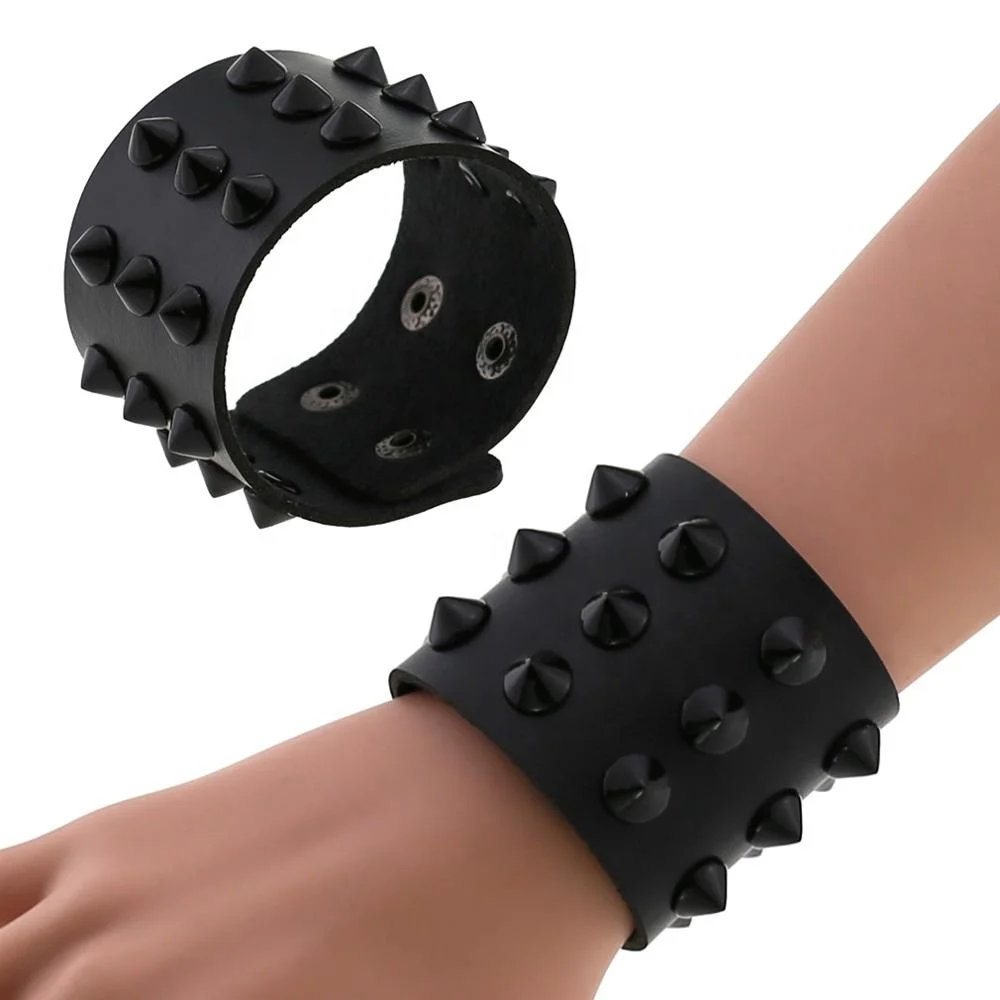 Black Rivet Studded w/ Zipper 3 Panel Leather Wristband Cuff Bracelet Goth Metal 
