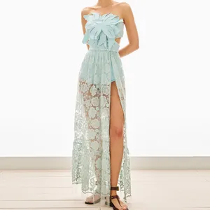 Hot Sell Casual Summer Hollow Out Slit Side Breathable Mesh Clothing Women Elegant Long Sexy Maxi Dresses