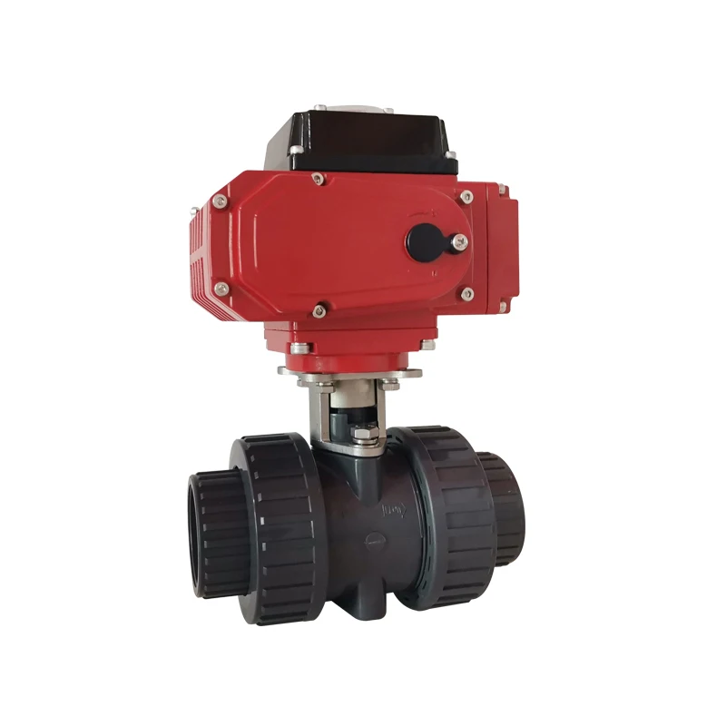 Double union chemical resistant 2 way 3 way PVC electric ball valve with actuator 220vac