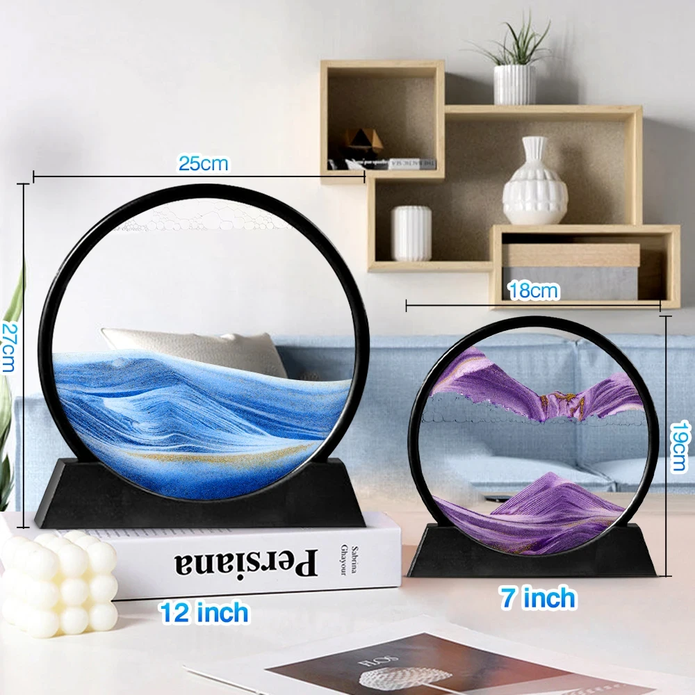 7/12inch Moving 3D Art Picture Round Glass Hourglass Deep Sea Sandscape in Motion Display Flowing Sand Frame for Home Decor 3