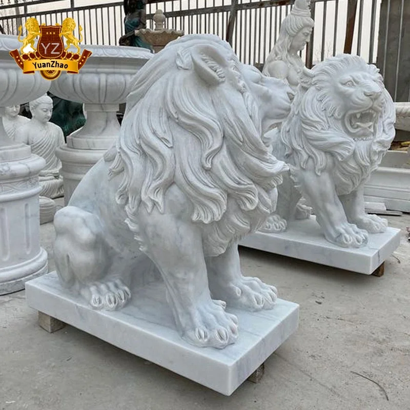 Hot Sale Outdoor Life Size White Marble Lion Statues Carvings Stone
